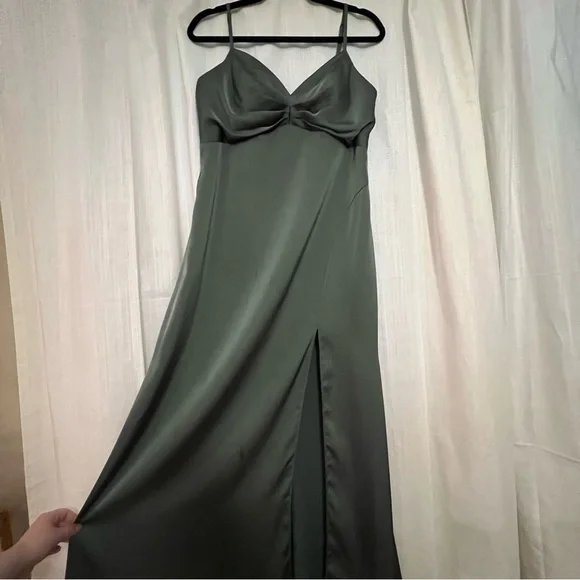 Azazie Linia Eucalyptus Mermaid Pleated Stretch Satin Dress Evening Gown Size 14 - Picture 6 of 14
